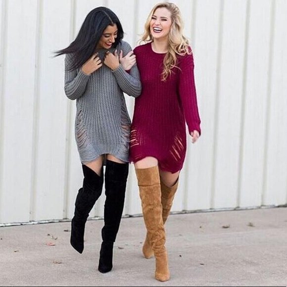 Sexy Wine Ripped Long Sleeve Sweater Dress - Picture 2 of 6